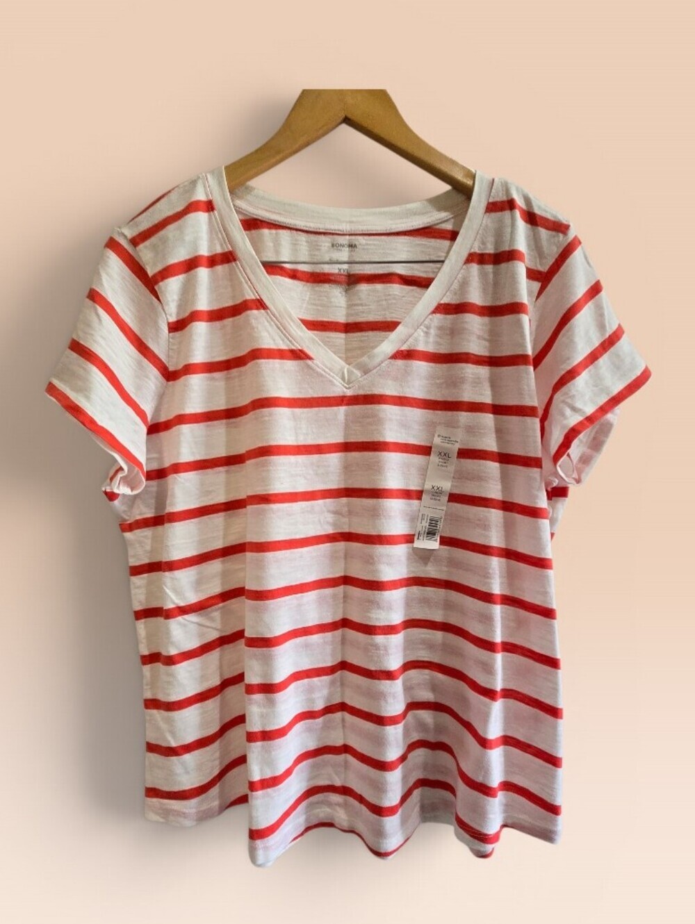 Sonoma White V-Neck Tee with Red Stripes